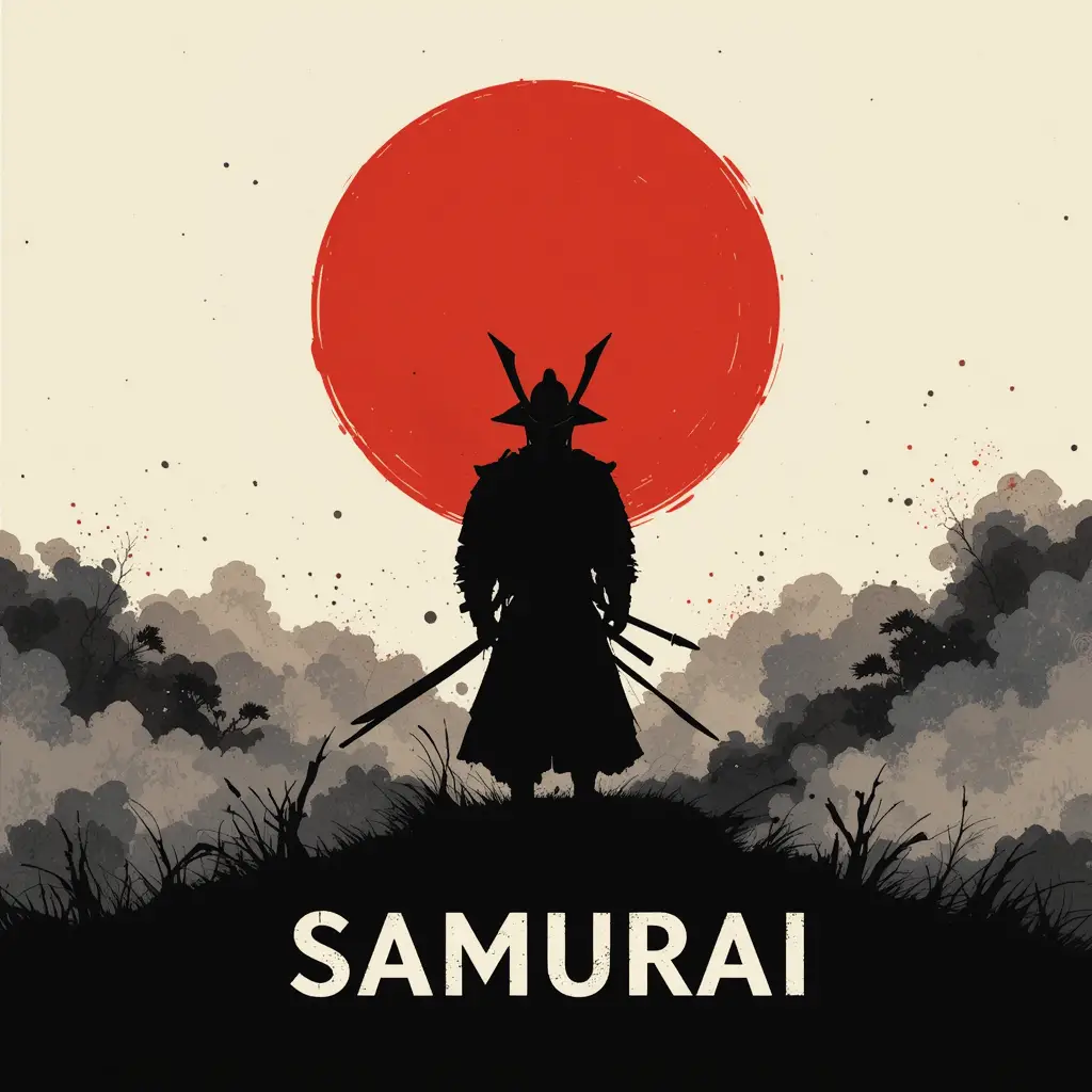 Minimalistisches Samurai-Logo mit karmesinroter Sonnenlandschaft