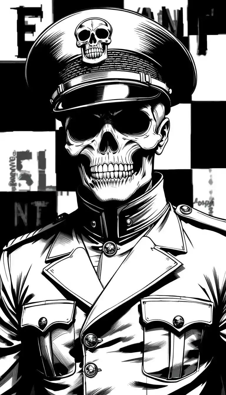 Soldat mit Totenschädelgesicht in scharfem Uniform-Look, Schwarz-Weiß-Kunst