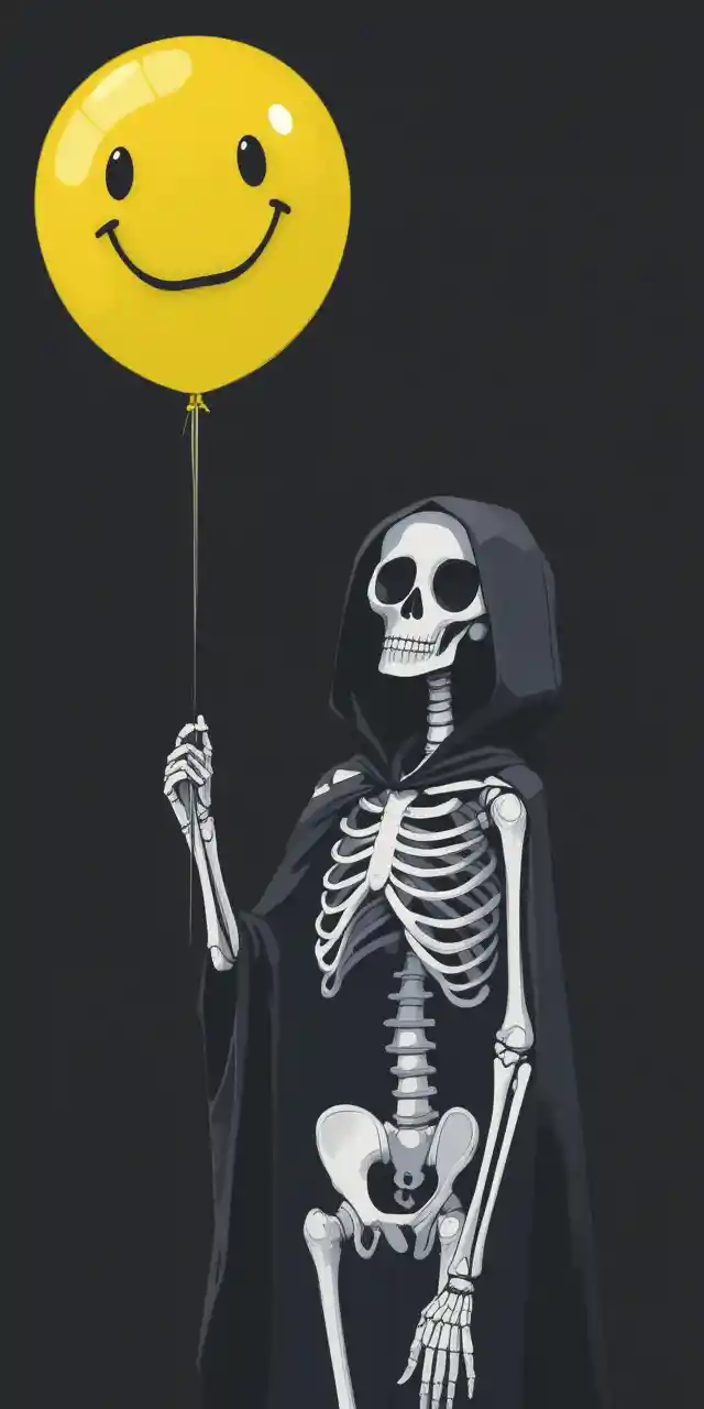 Scheletro Incappucciato con Palloncino Giallo Smiley su Sfondo Nero