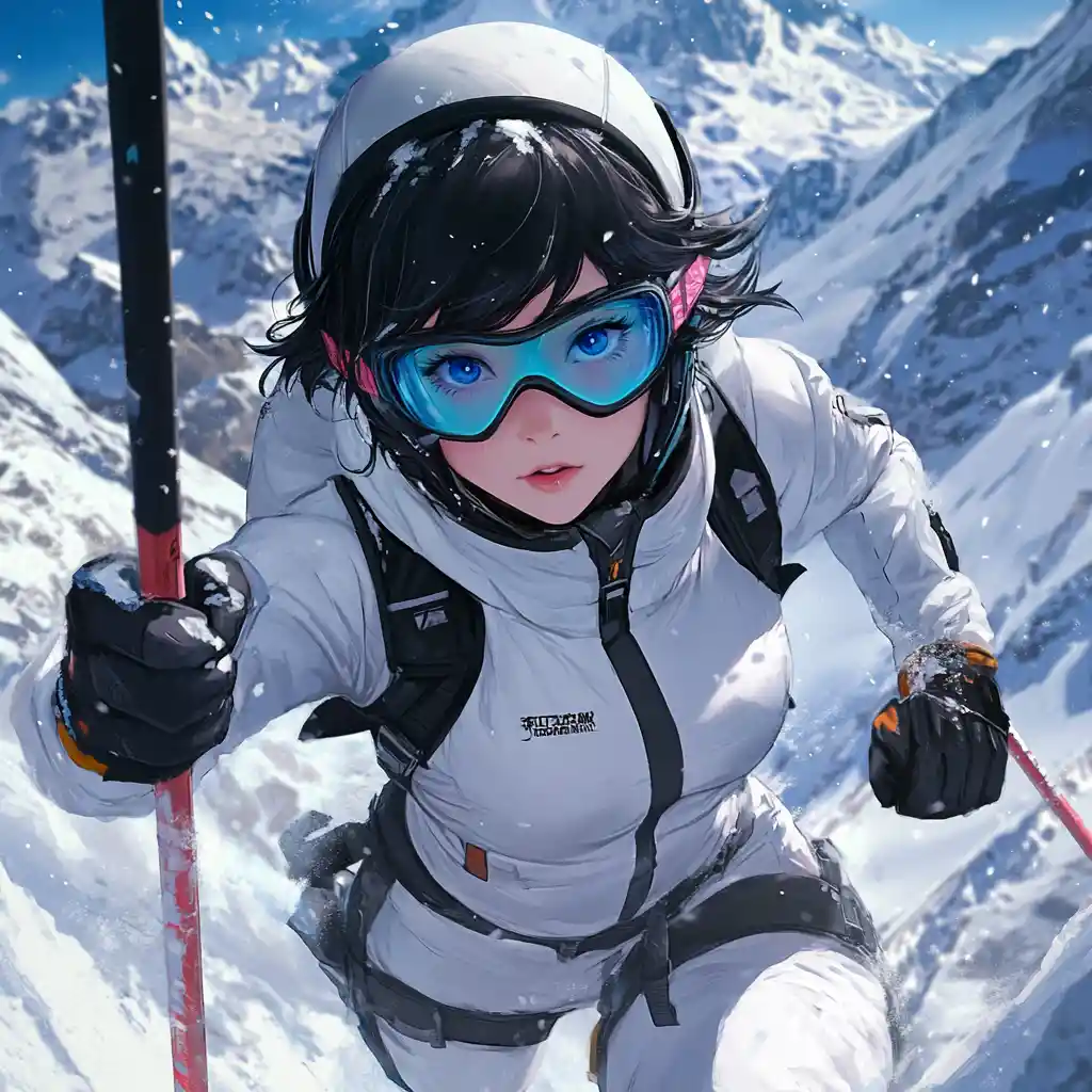 Ragazza anime che scia in un paesaggio di montagna innevato