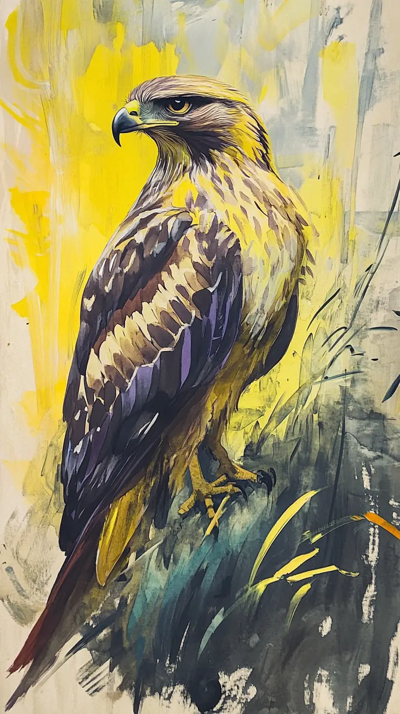 Colorful hawk in front of abstract tropical forest painting