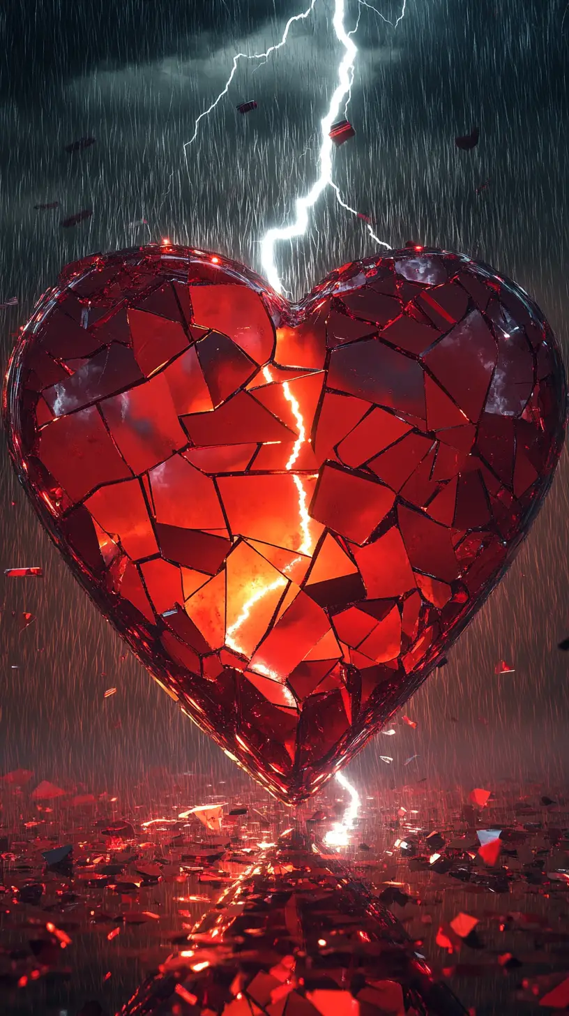 暴風雨中被閃電擊碎的紅色玻璃心