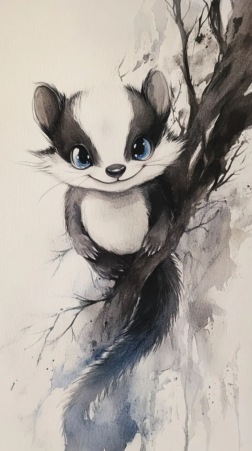 Verspieltes Aquarell-Stinktier mit großen strahlend blauen Augen