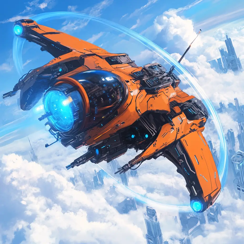 Macchina Volante Futuristica in Stile Anime su un Cielo Blu Brillante