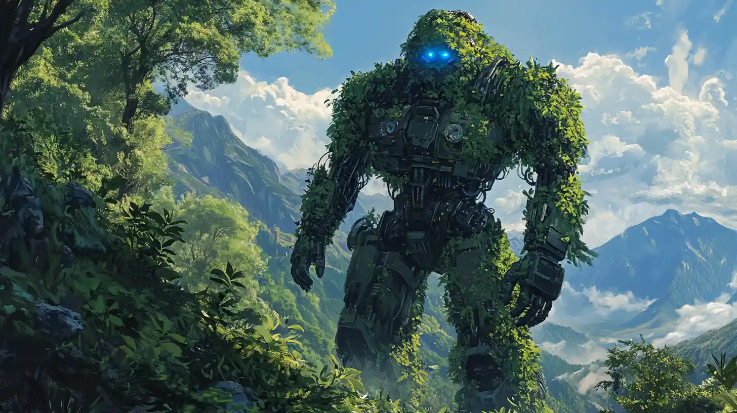 Humanoid robot covered in foliage in a bright forest