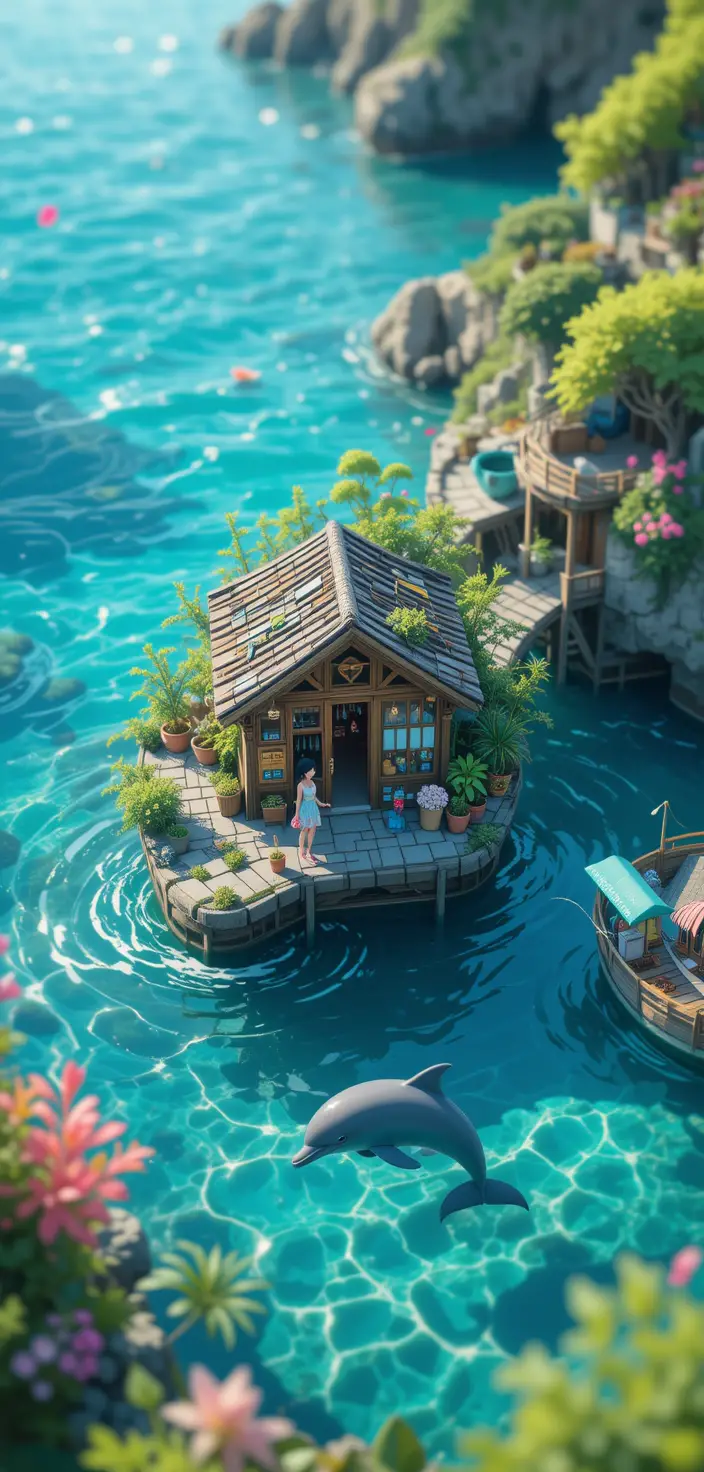 澄んだ海岸の海とイルカの上にあるアニメ風コーナーショップ