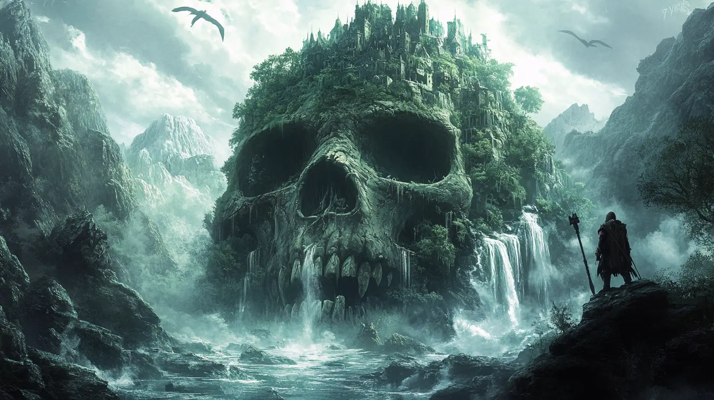 Barbarian Before Colossal Skull Mountain Fortress