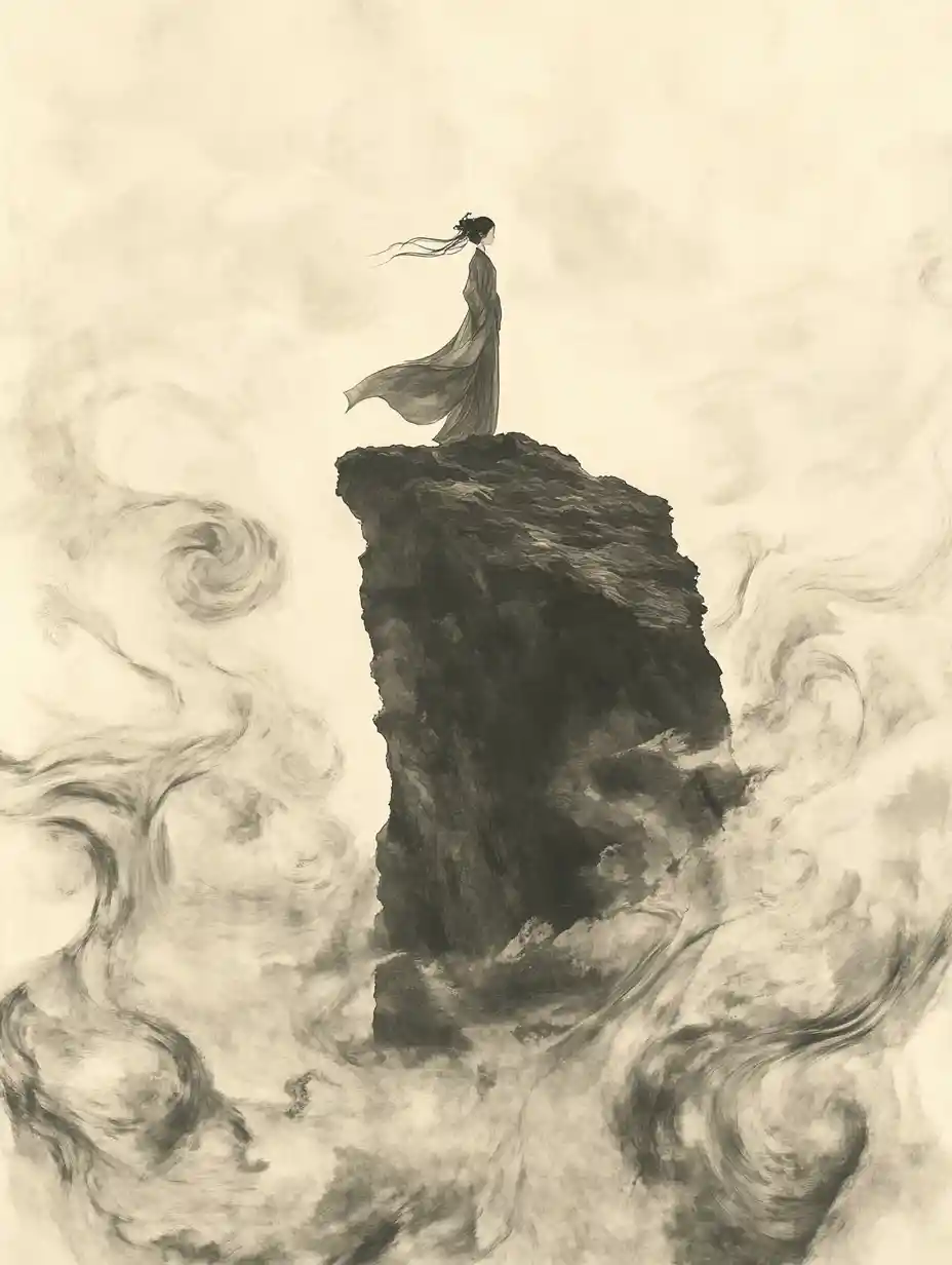 Prinzessin auf einsamer Klippe über einem Meer aus Wolken