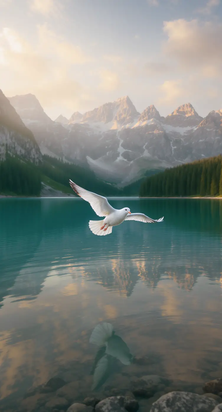 Uccello bianco che vola sopra un tranquillo lago di montagna al tramonto