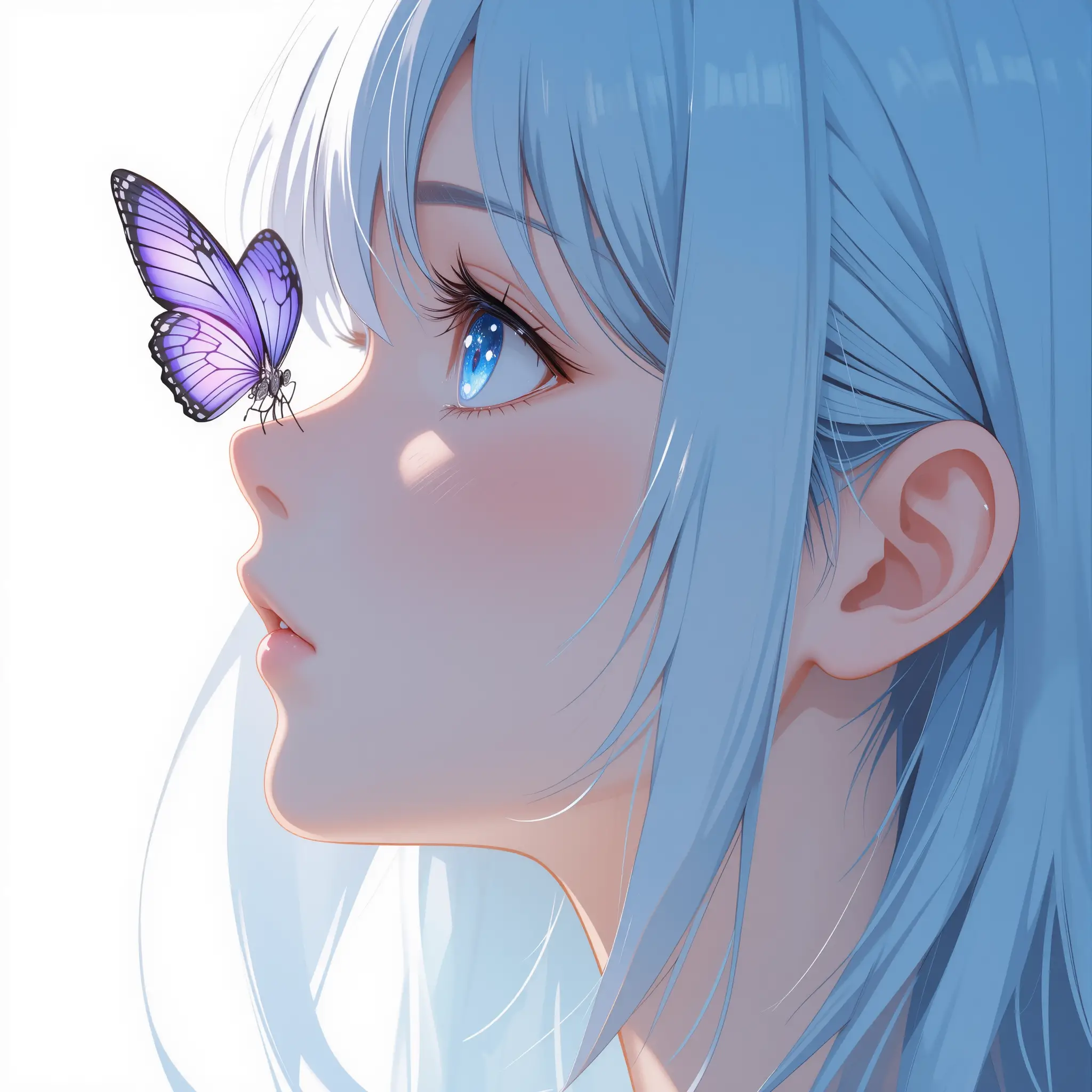 Anime-Mädchen im Profil mit Schmetterling auf der Nase