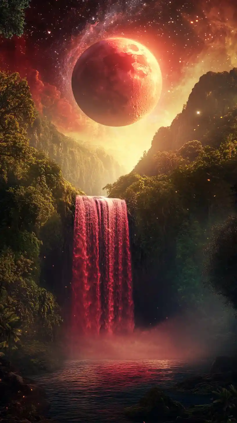 Surreal Crimson Lunar Waterfall Over Verdant Fantasy Landscape