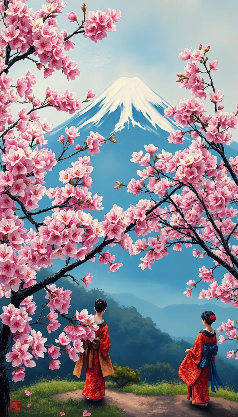 Peinture à l’huile de cerisiers en fleurs avec le mont Fuji au loin