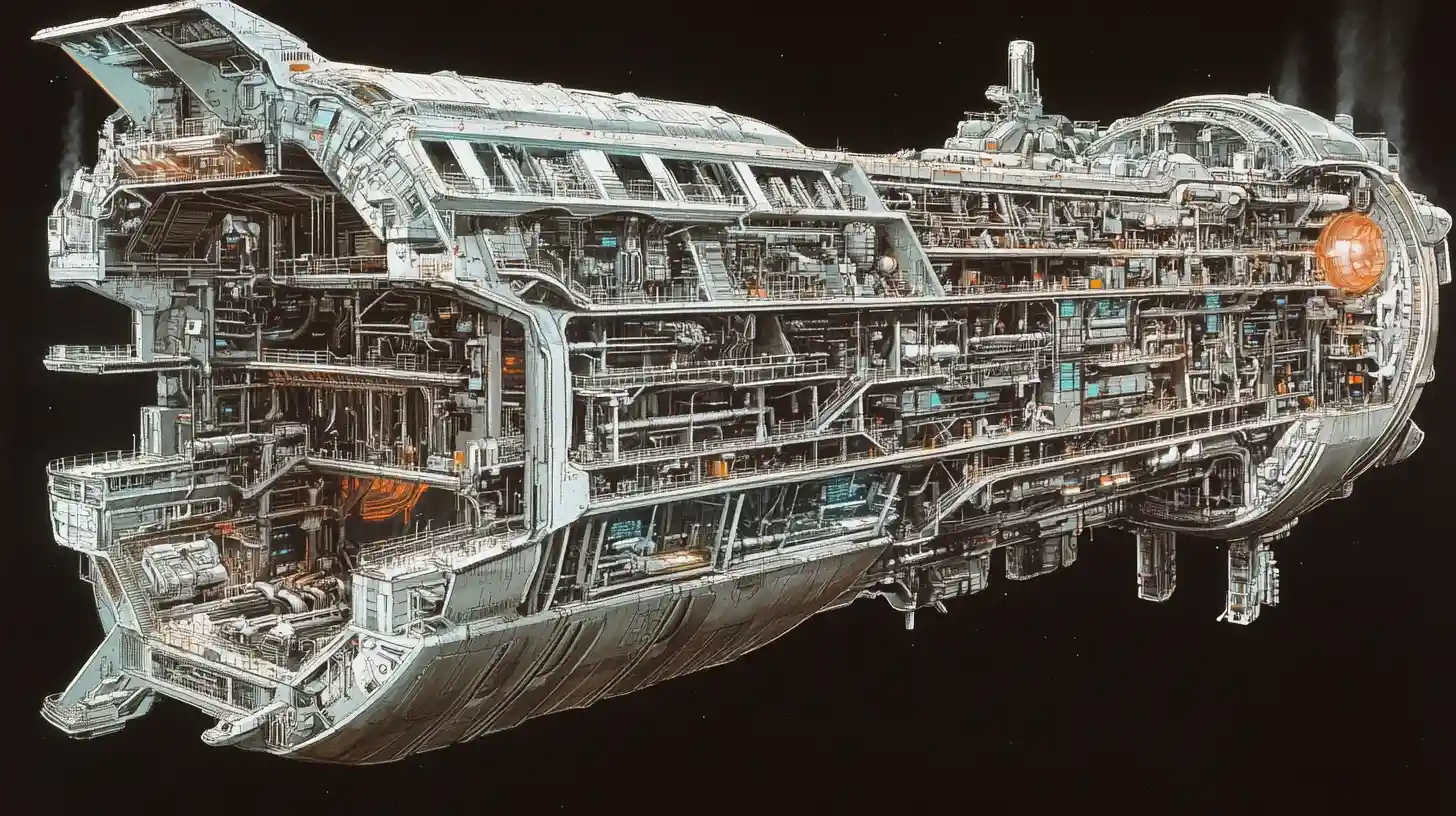 Cross section of a massive spaceship interior with decks