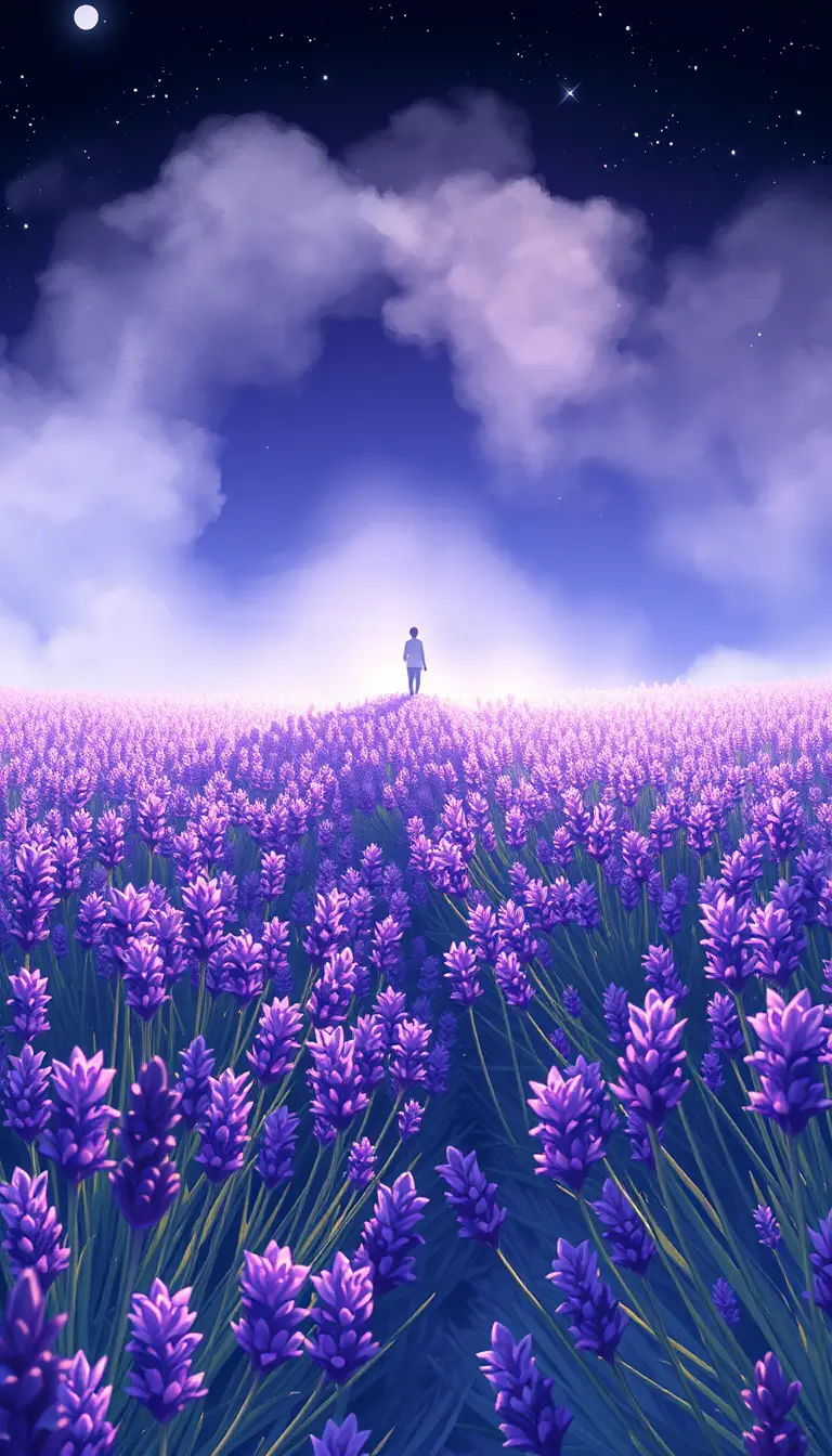 Fiery fox racing through a lavender field at night