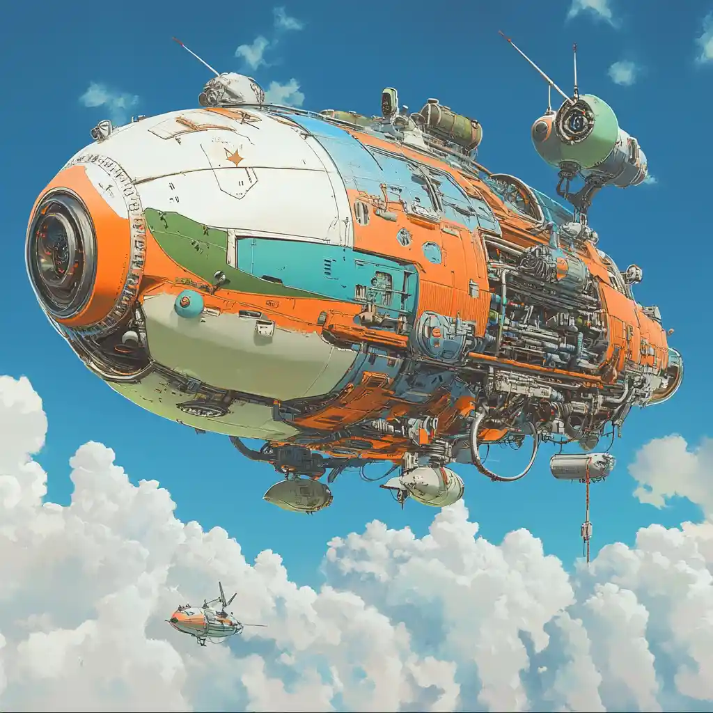 Steampunk airship creature against a clear blue sky