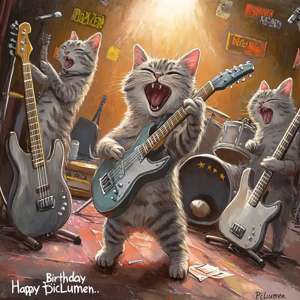Six musical tabby cats performing in a guitar studio