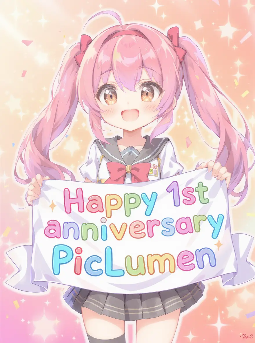 Niedliches Anime-Mädchen mit farbenfrohem Jubiläumsbanner
