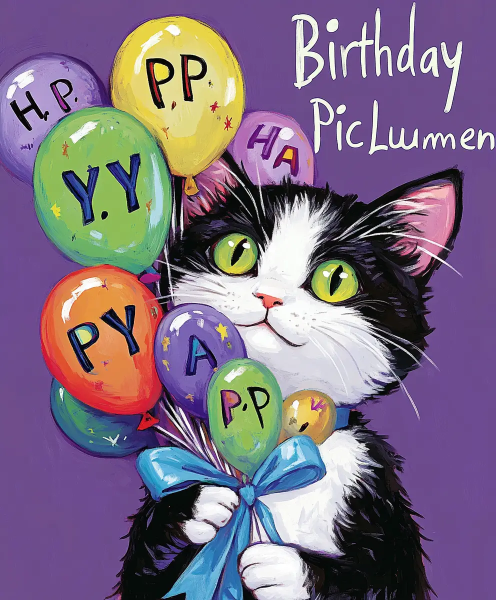 Schwarz-weiße Cartoon-Katze mit Happy-Birthday-Ballons