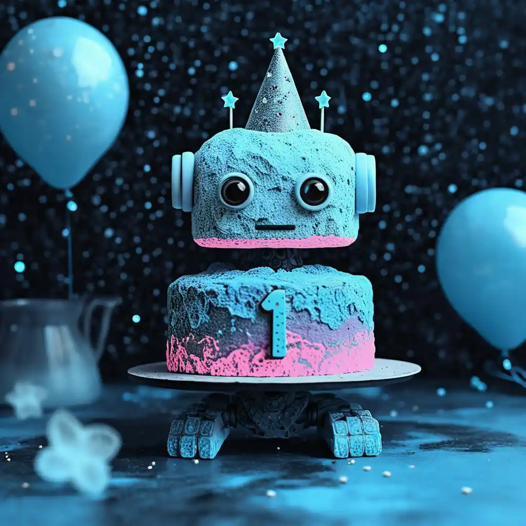 Cute robot celebrating with a colorful first birthday cake