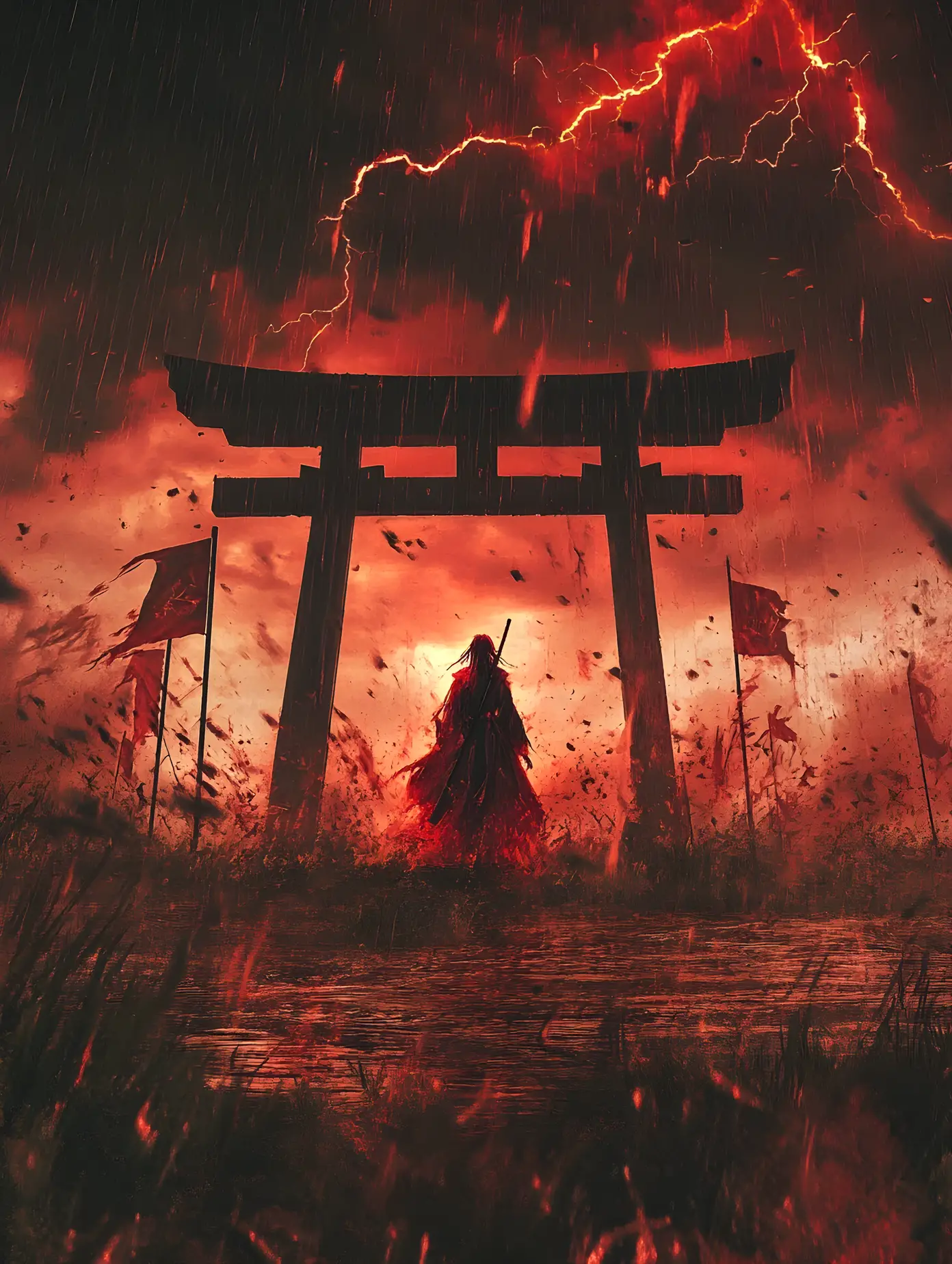 深紅暴雨中的鳥居巫女戰士