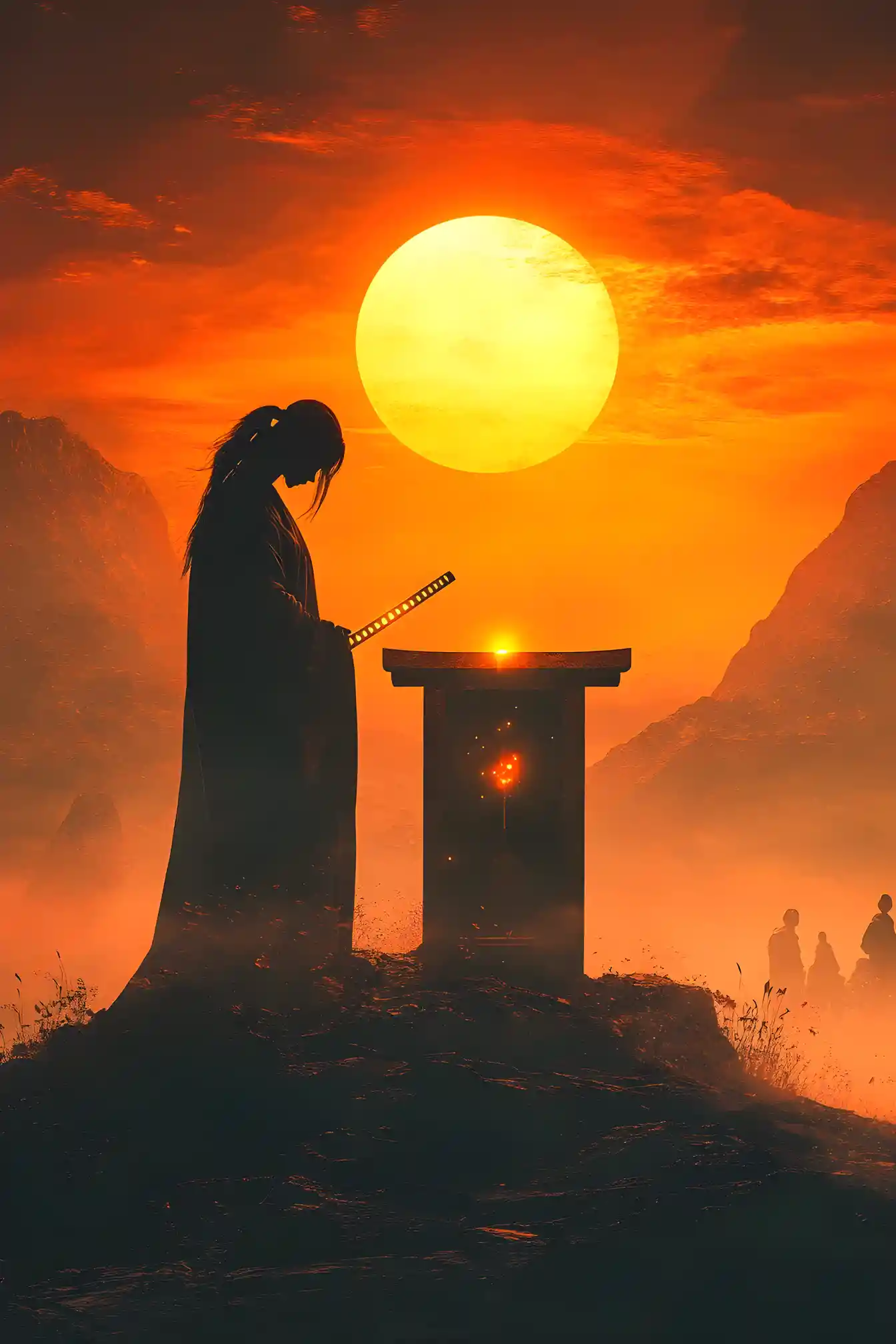 Priestess Silhouette At Sunset Shrine With Glowing Katana