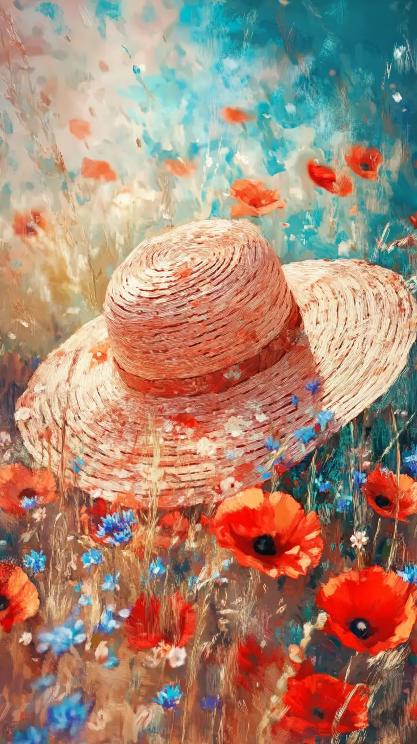 Chapeau de Soleil avec Coquelicots Rouges en Gros Plan sous une Lumière Chaude
