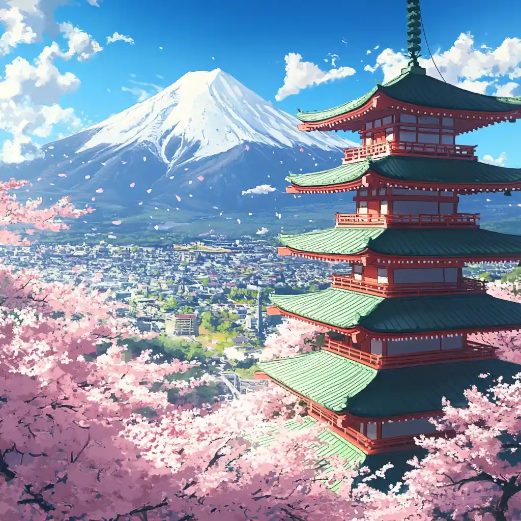 Anime-Blick auf den Berg Fuji mit roter Pagode und Blüten