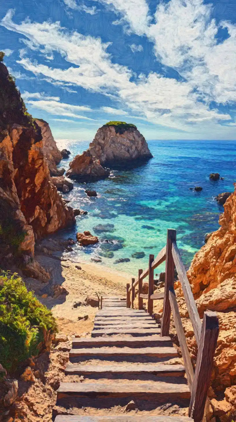 Spiaggia costiera rocciosa con scogliere e scala in legno