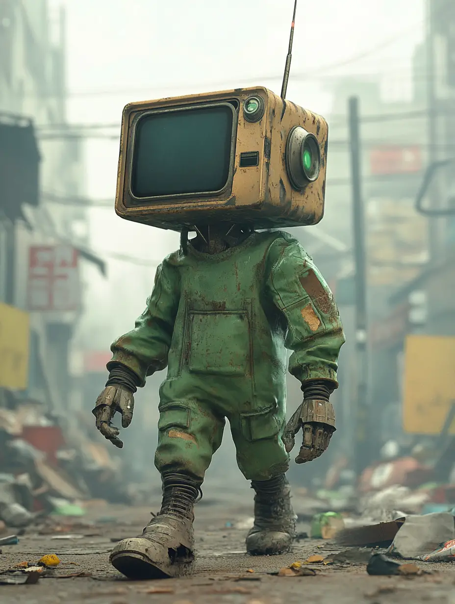 Roboter mit Fernsehkopf geht durch dystopische Stadtstraße