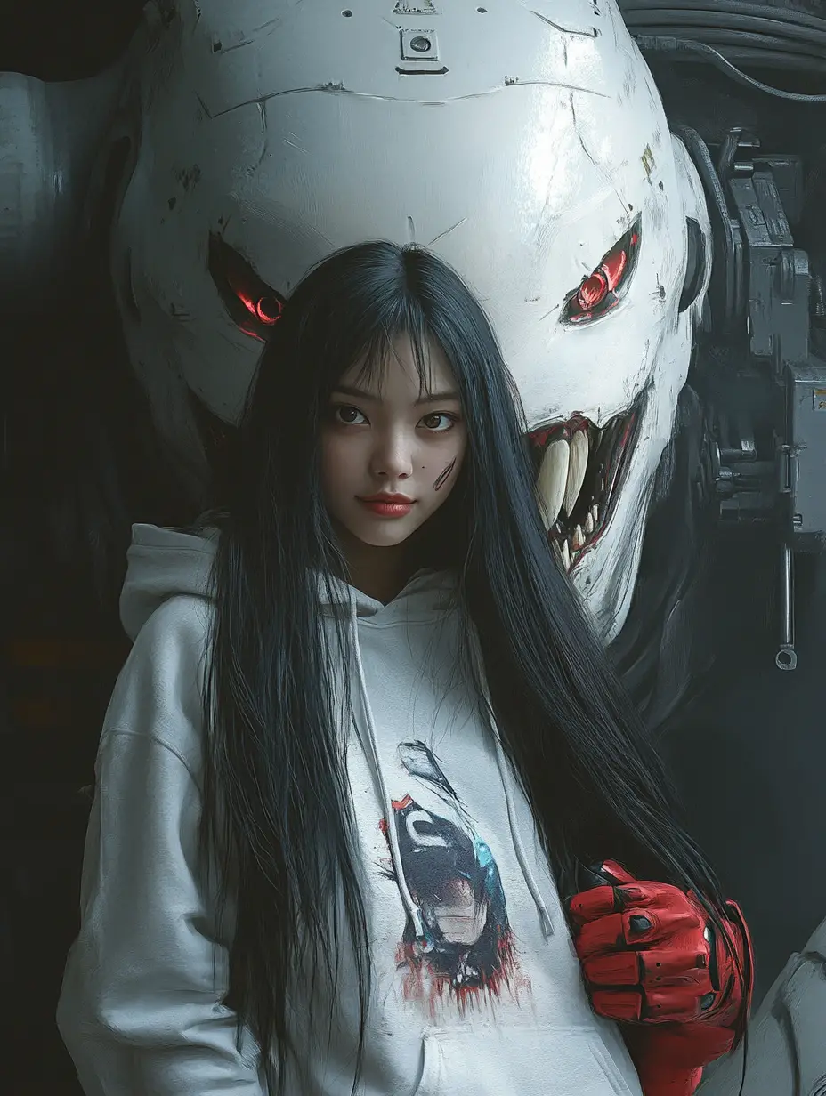 Femme asiatique en hoodie avec bête robotique futuriste