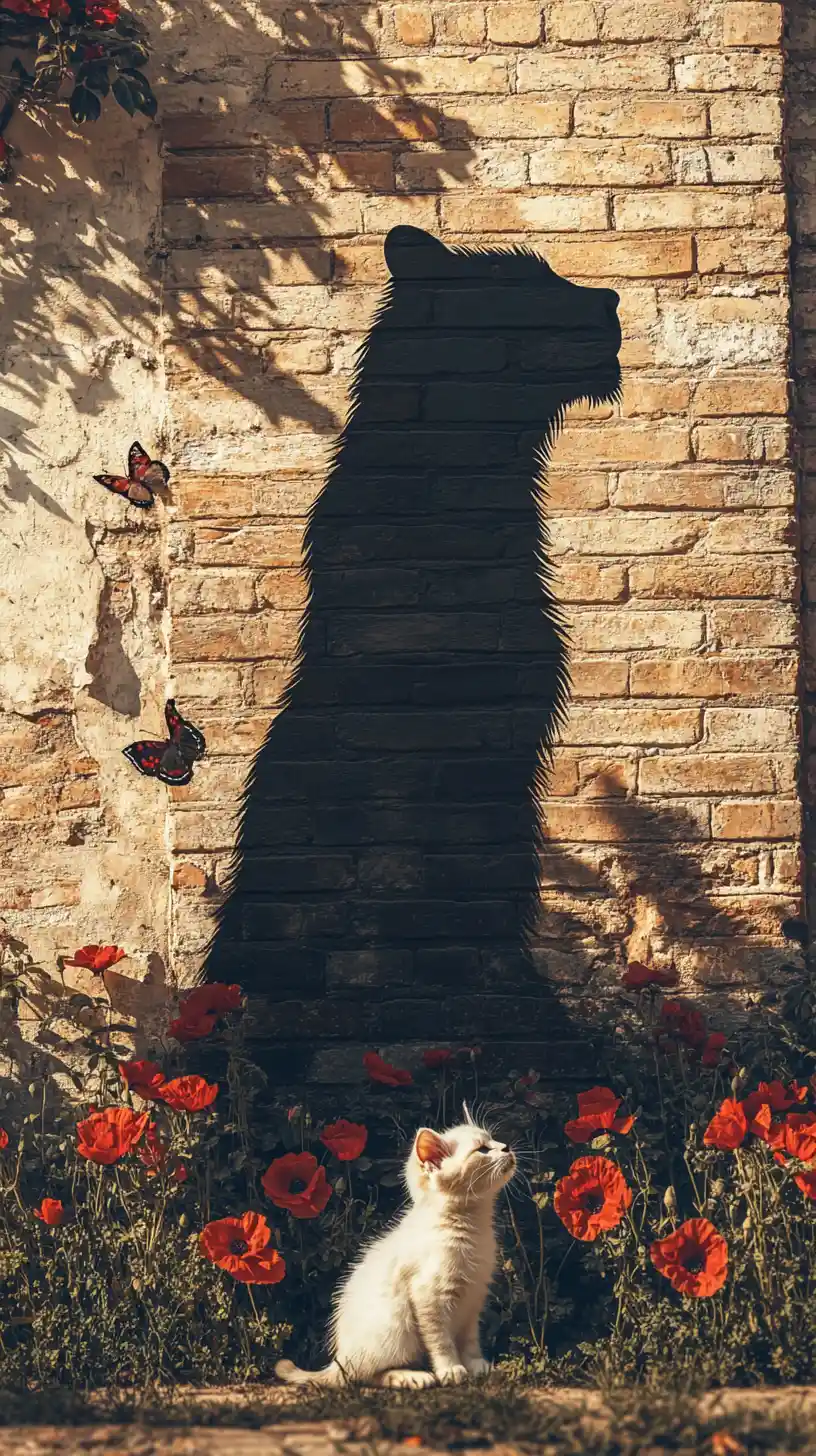 Gatito blanco ante la sombra de un león en una pared de ladrillo iluminada por el sol