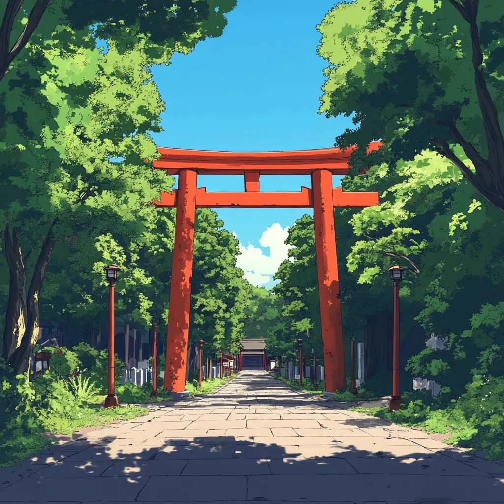 Anime shrine with red torii gate and lush green trees
