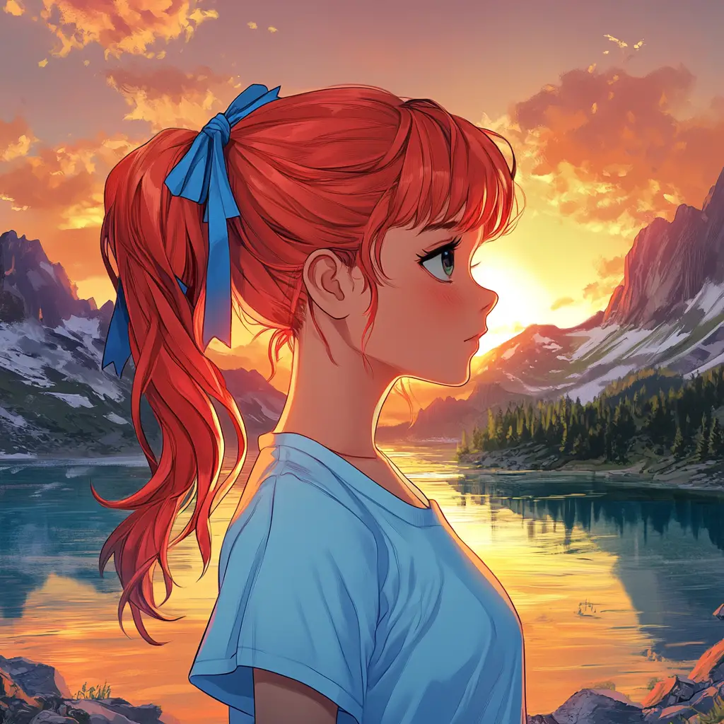 Ragazza anime presso un lago di montagna al tramonto