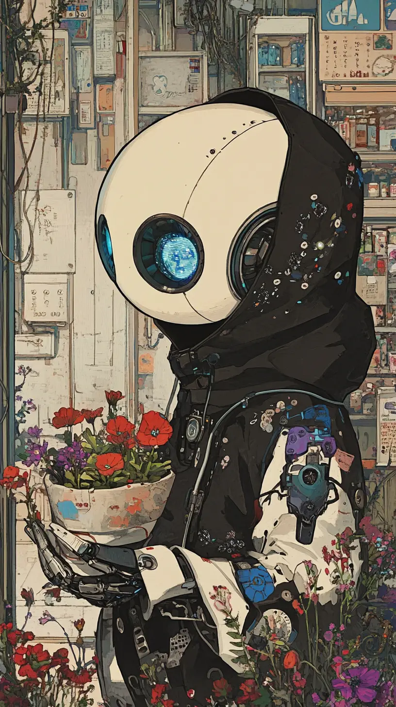 Anime robot holding flowers in a futuristic flower shop