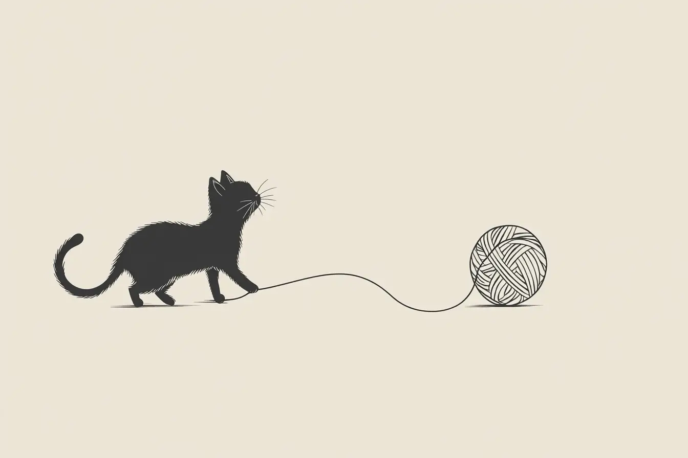 Gatto minimalista in line art con filo che scorre su sfondo bianco