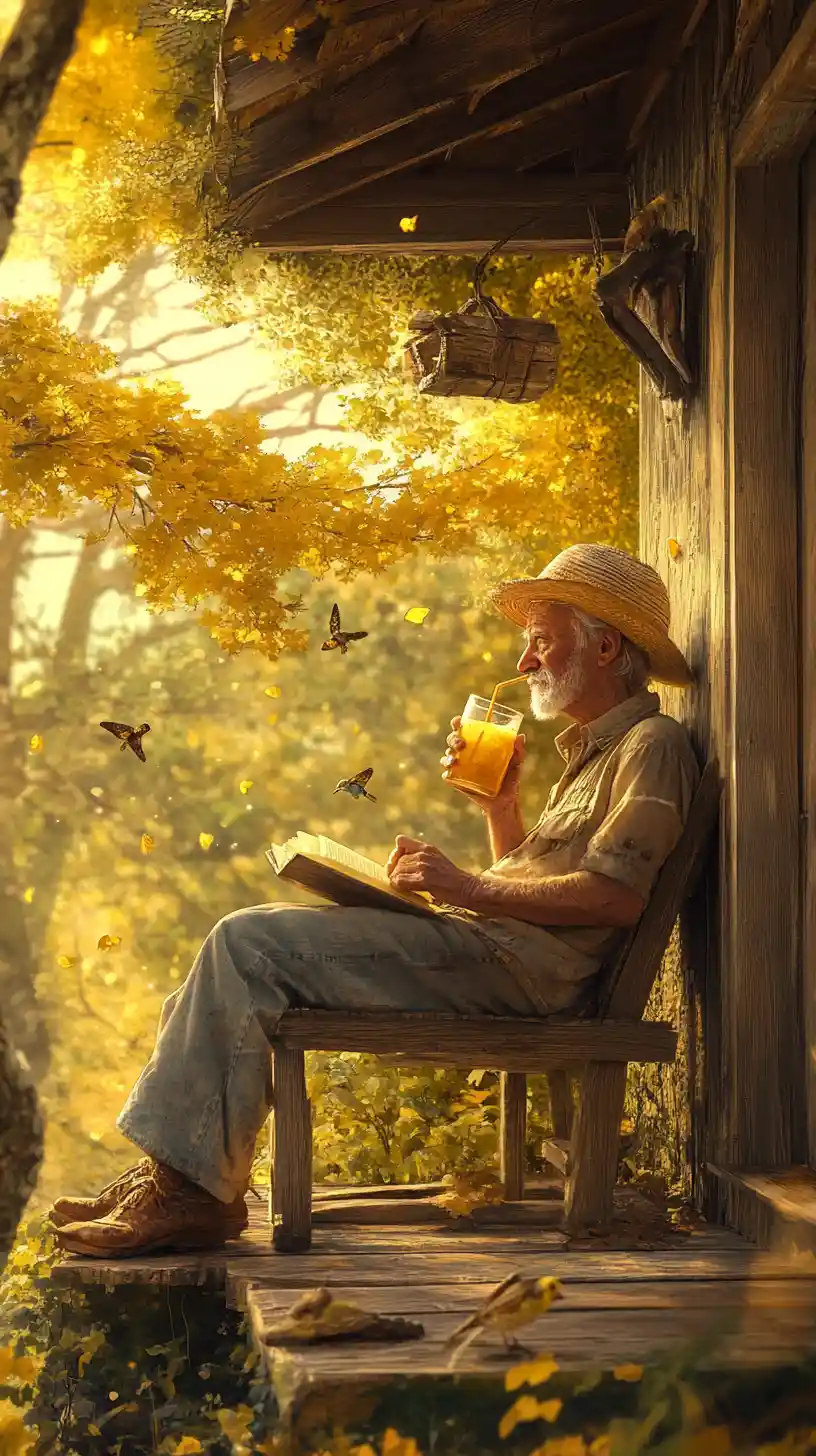 Old man relaxing on a sunny wooden porch with lemonade