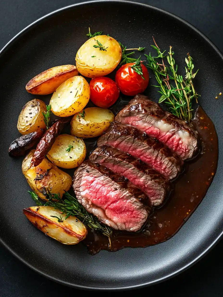 Bistecca media cottura con patate arrosto e verdure