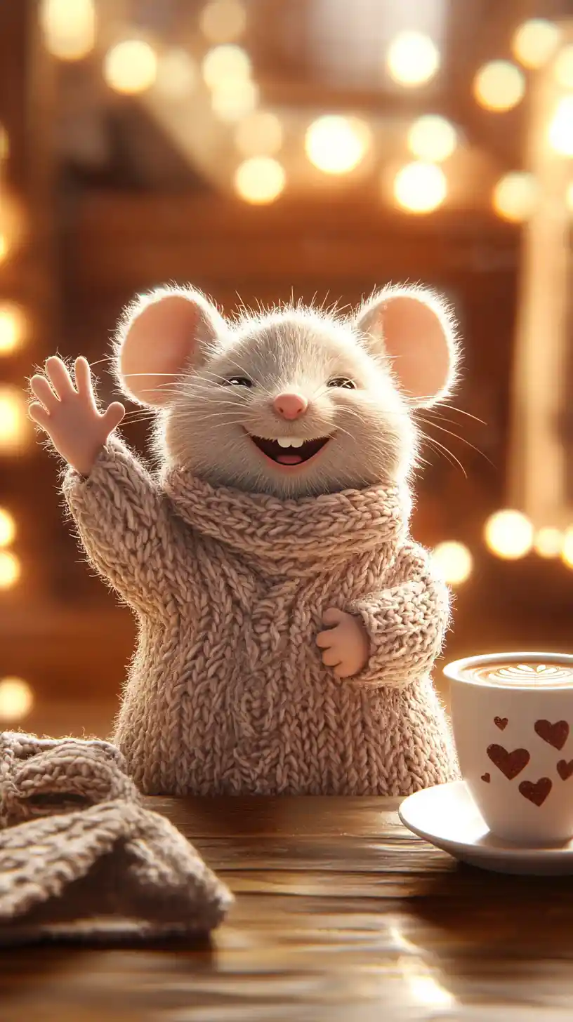 Cute cartoon mouse in knitted robe with latte