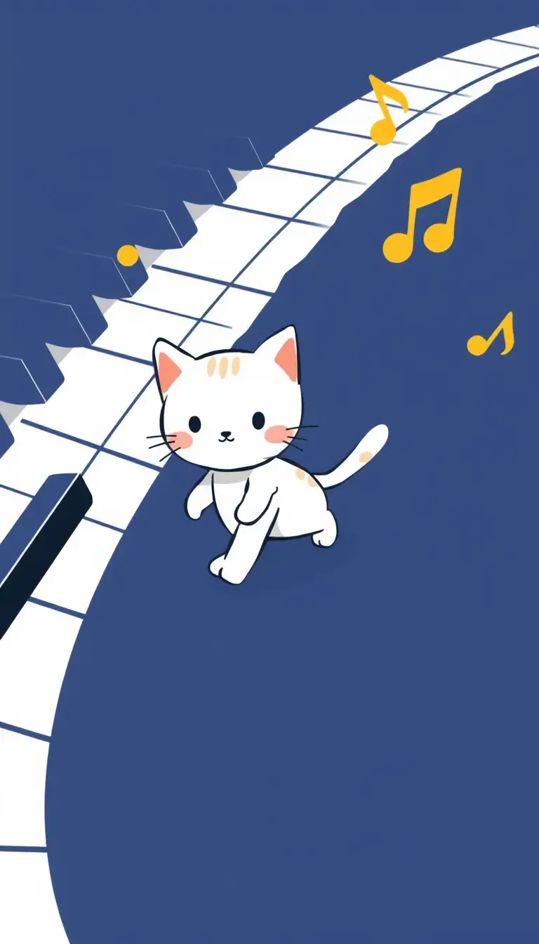 Gattino giocherellone che cammina sui tasti del pianoforte con note dorate