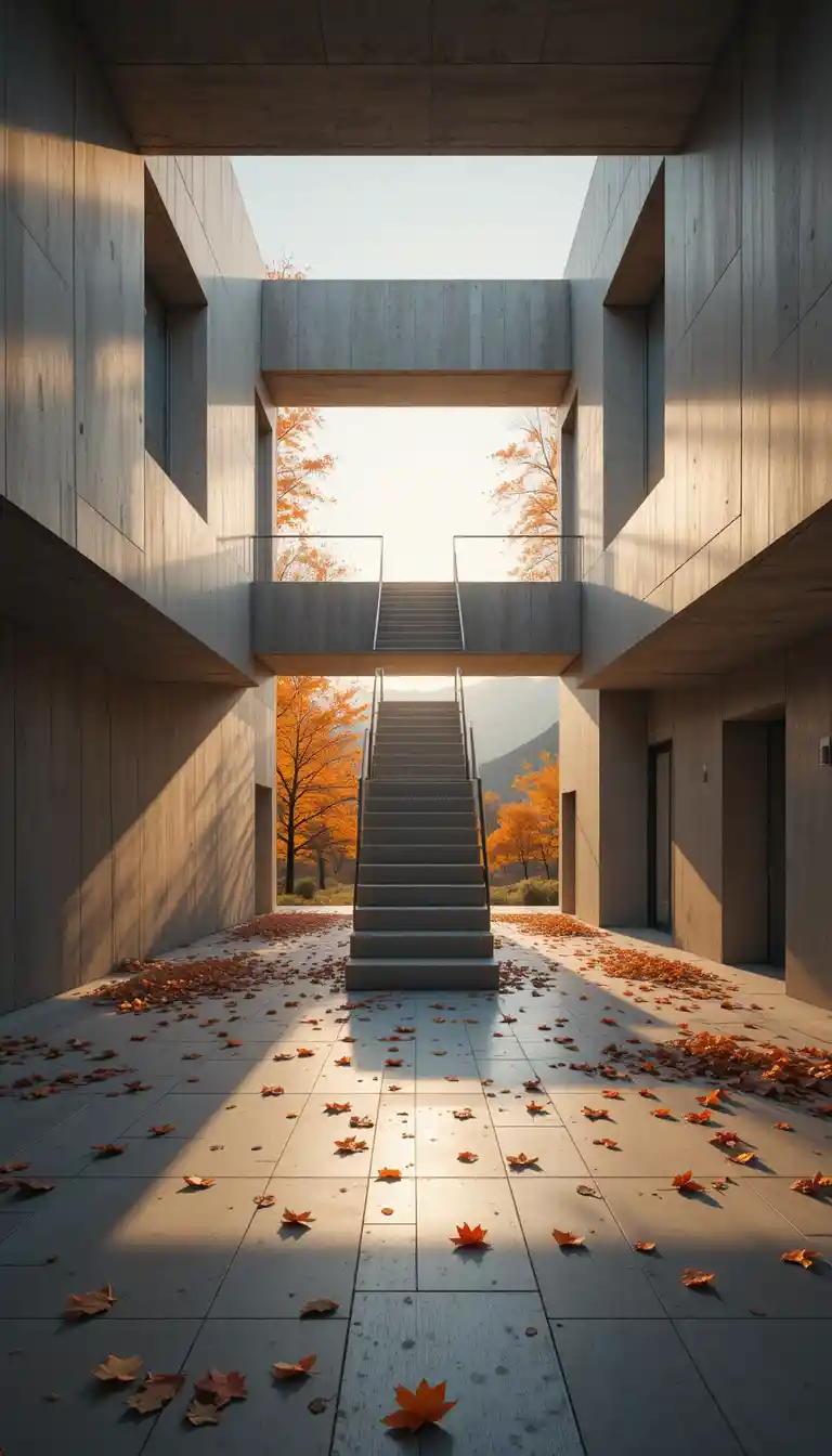 Modern concrete courtyard with floating staircase and warm light