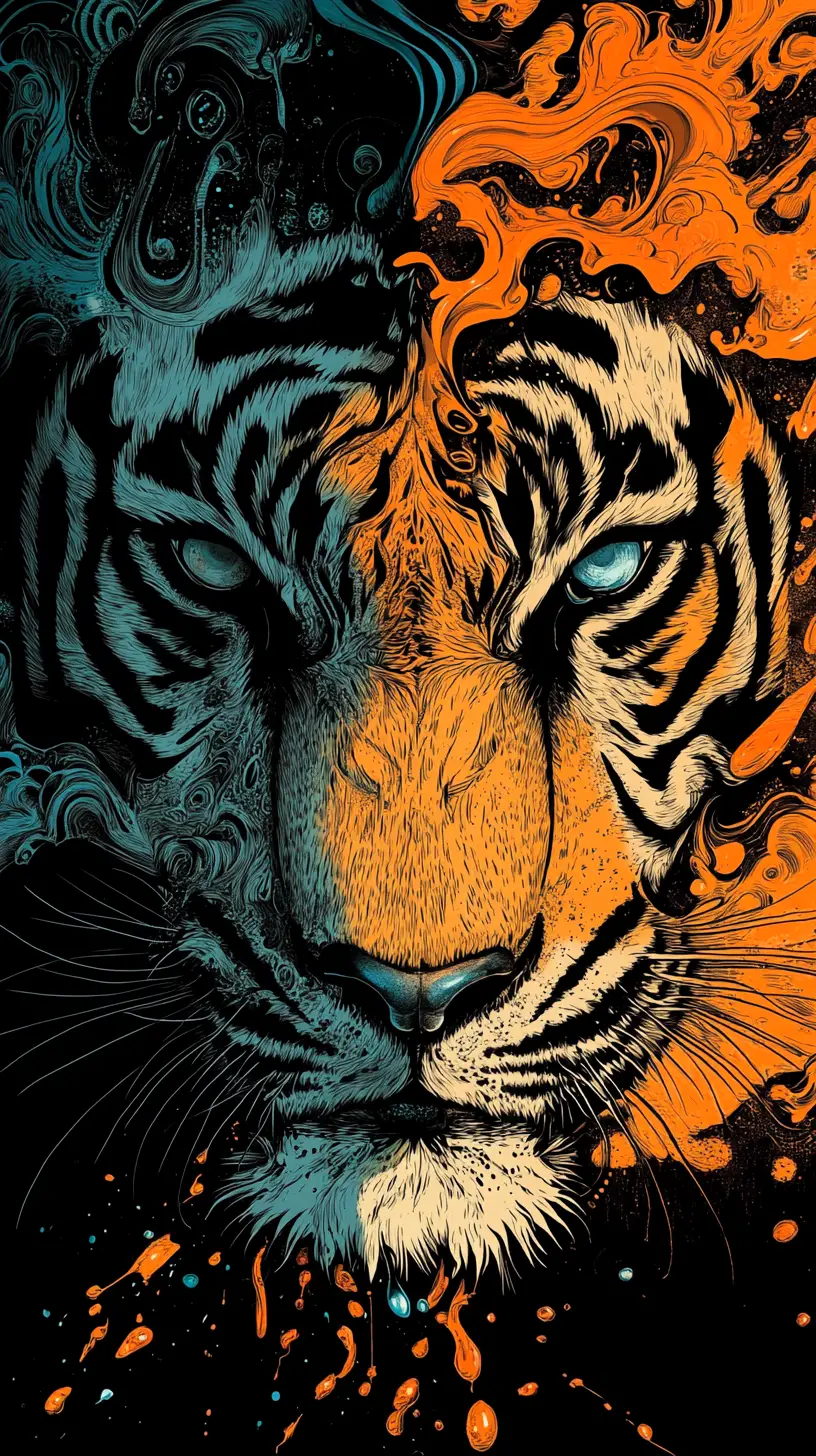 Illustrazione surreale a inchiostro di un volto di tigre dai colori vivaci