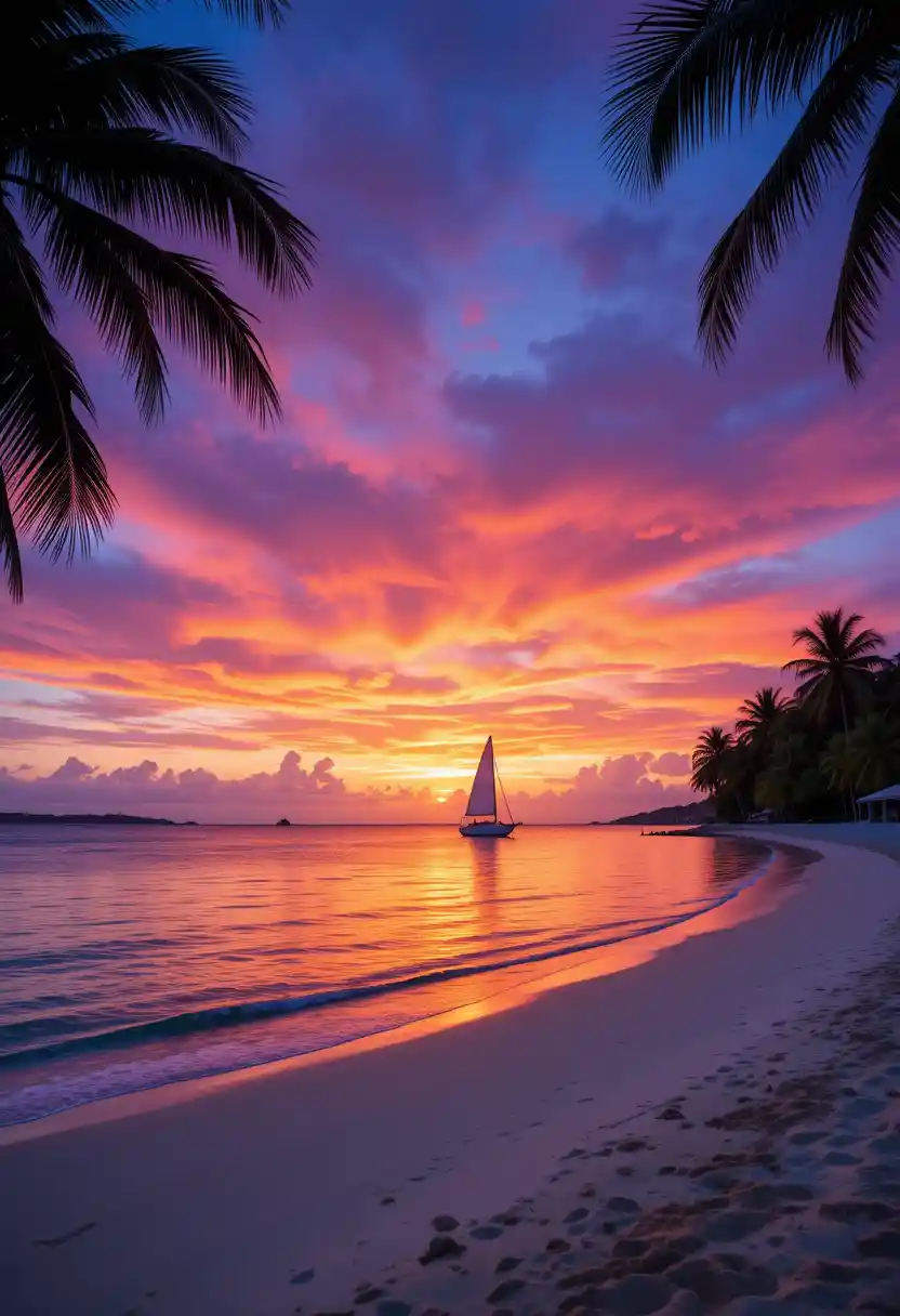 Sailboat At Sunset On Tranquil Carlisle Bay Beach