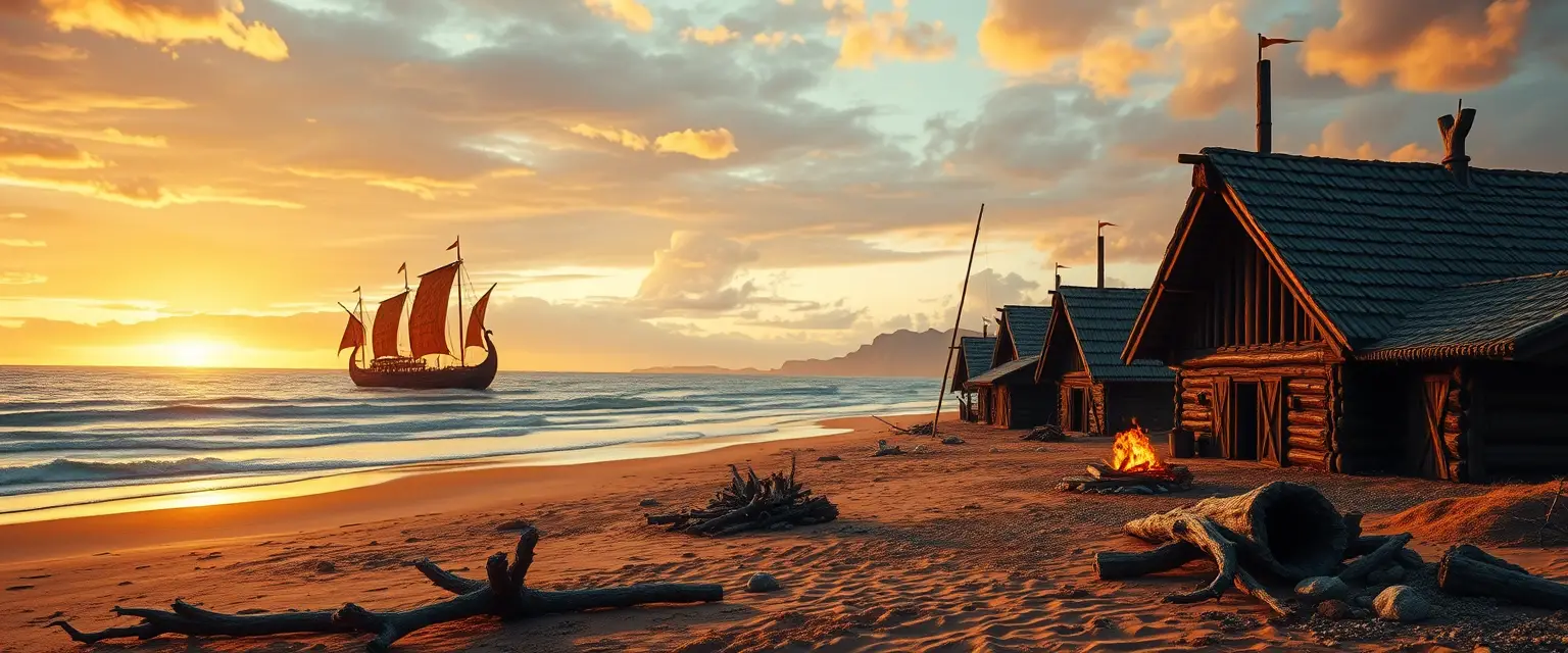 Viking shoreline camp with longhouses and blazing fire