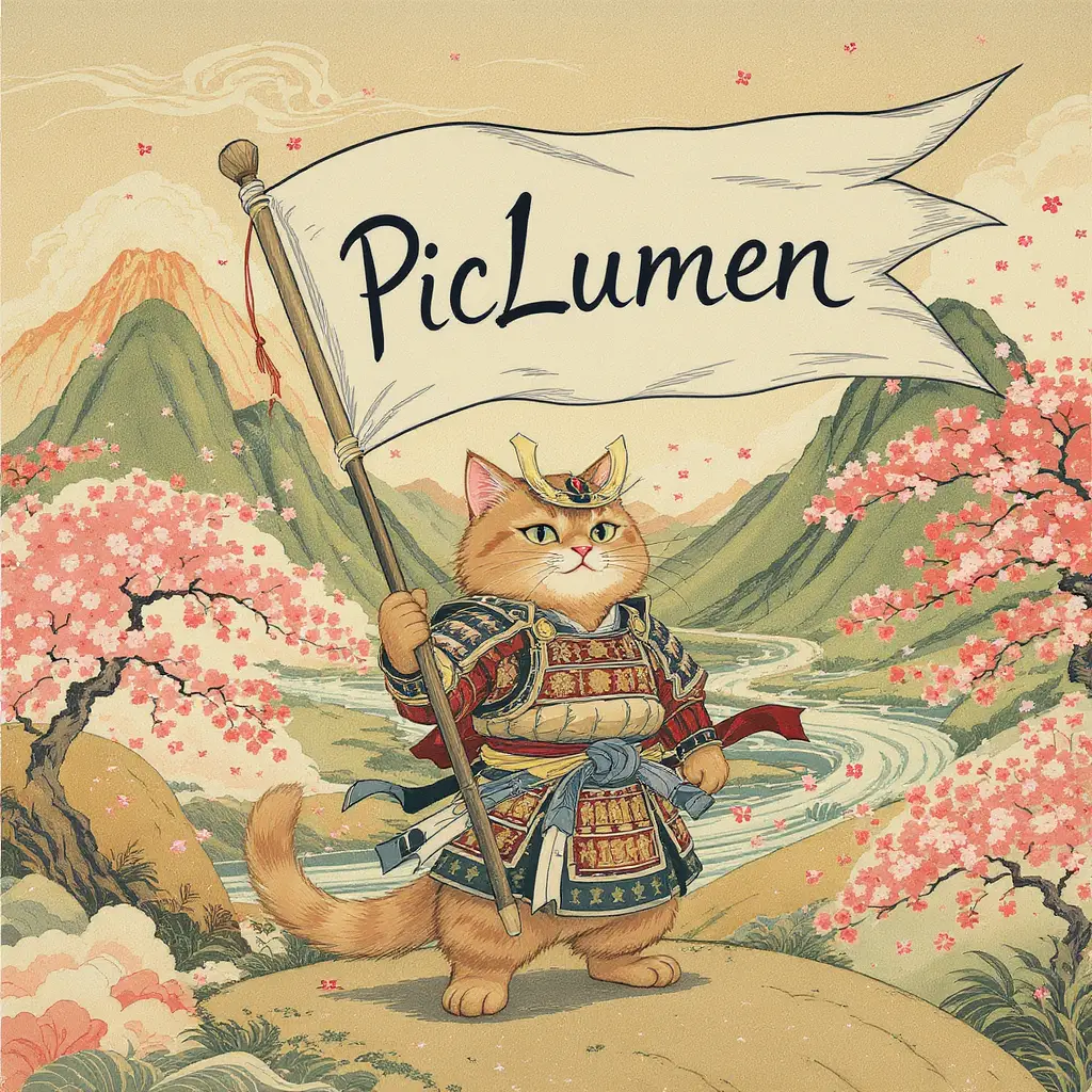 旗を掲げる勇敢な茶トラ侍キャットの浮世絵風風景