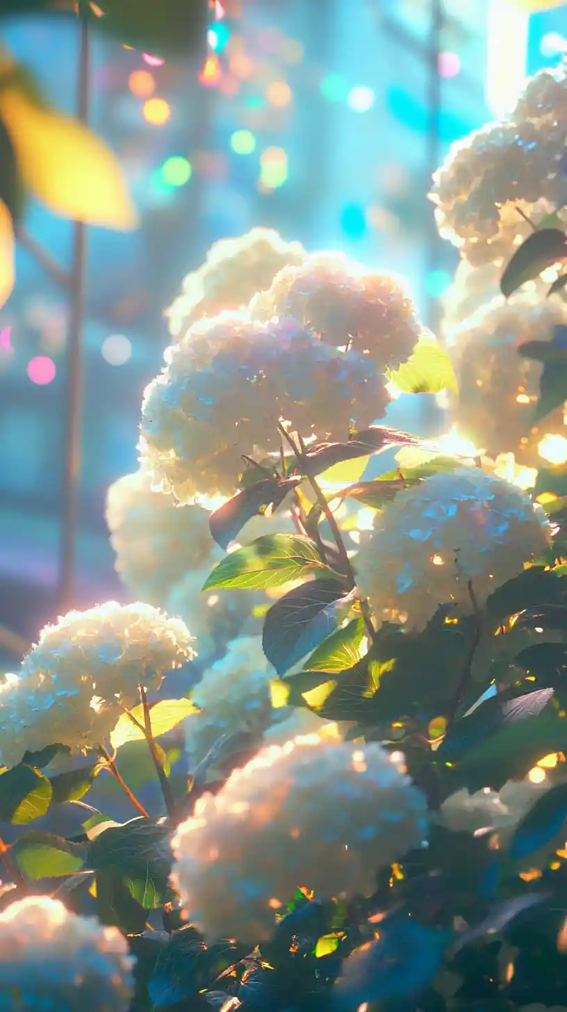 Hortensias blancas resplandecientes en un jardín nocturno urbano de neón