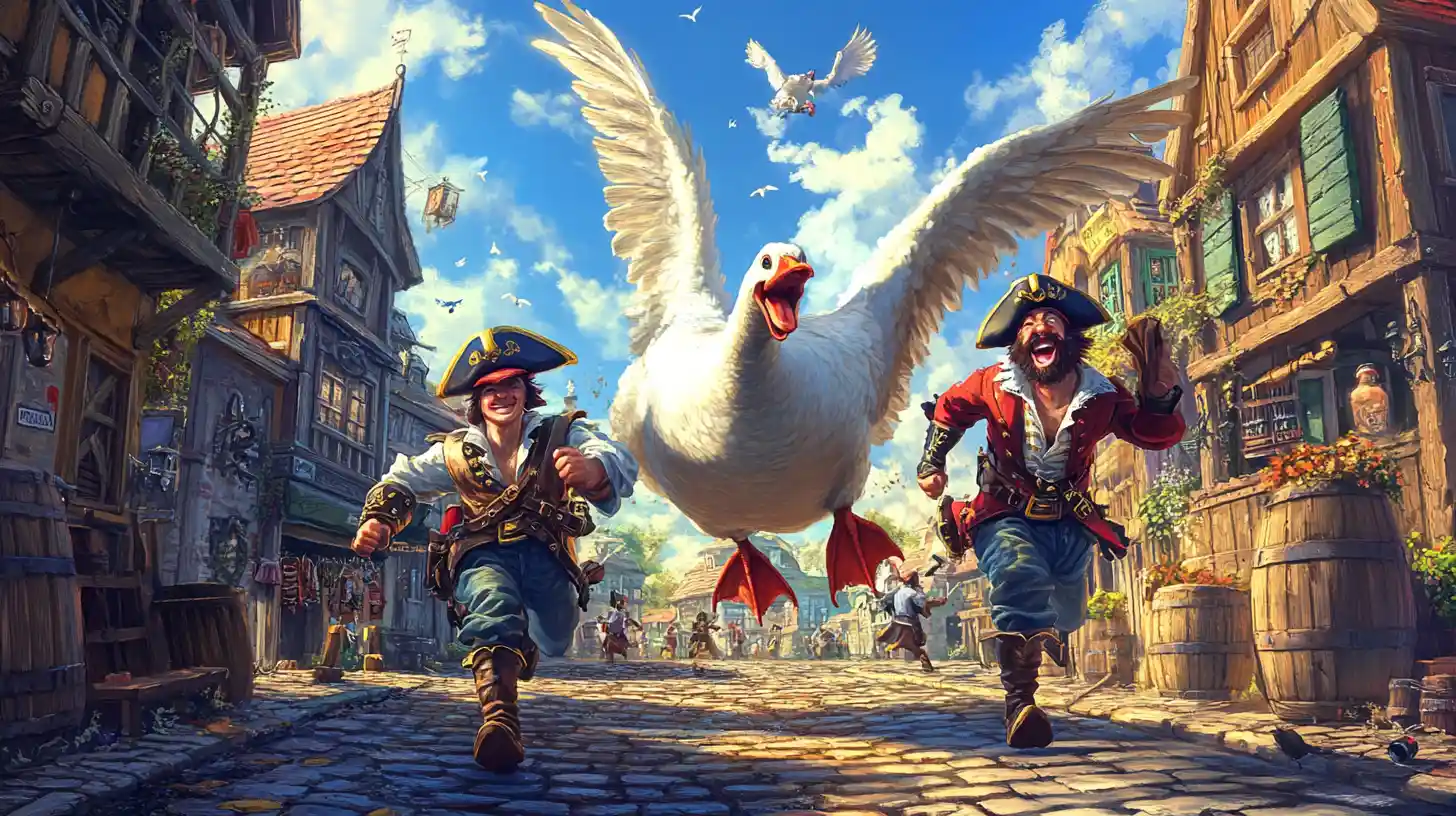 Three pirates chase a flying goose through a village street