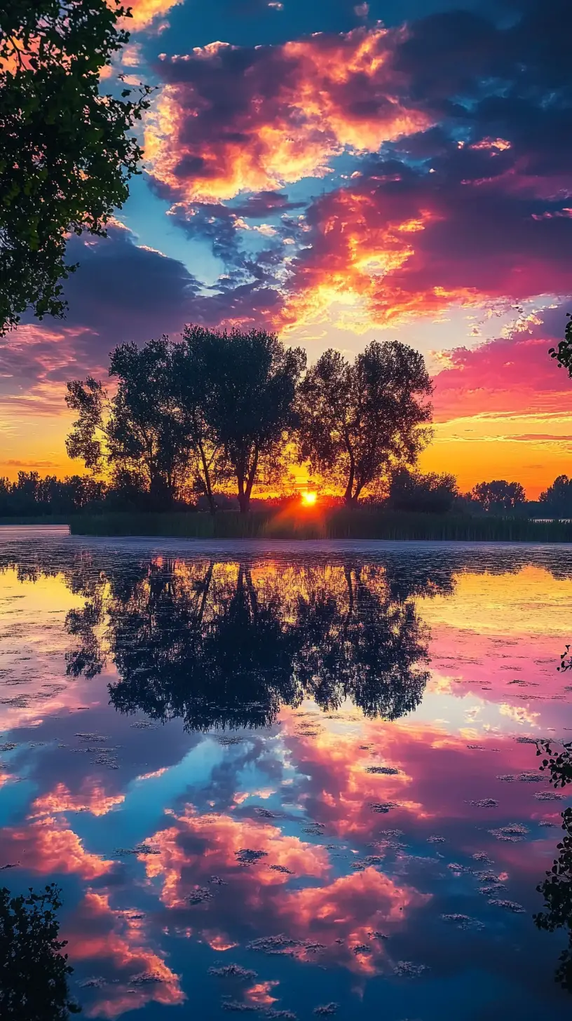 Surrealer Sonnenuntergangshimmel, gespiegelt in einem ruhigen See