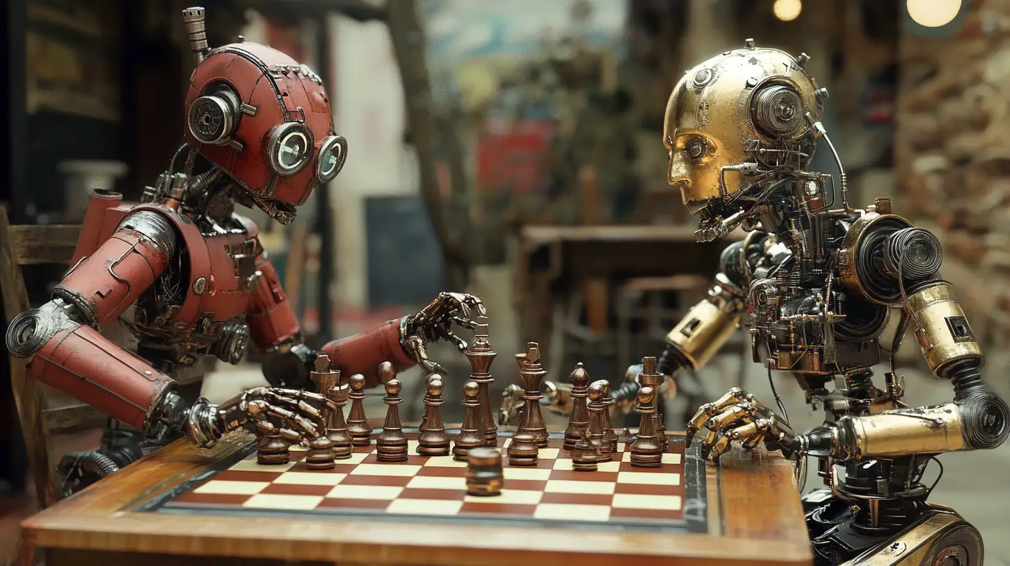 Due robot steampunk che giocano a scacchi in una baraccopoli
