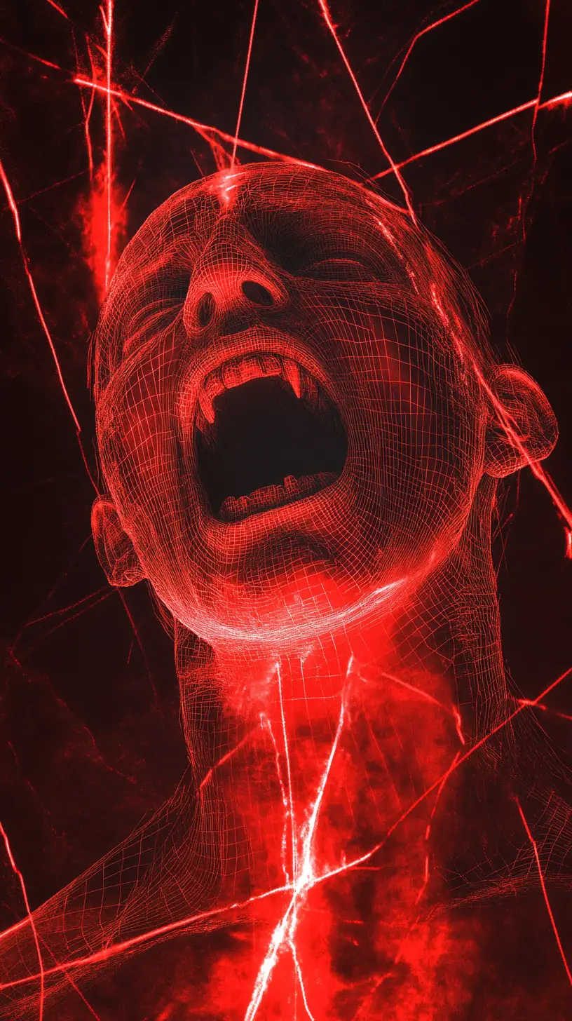 Volto di vampiro demoniaco intrappolato in un raggio di luce rossa brillante