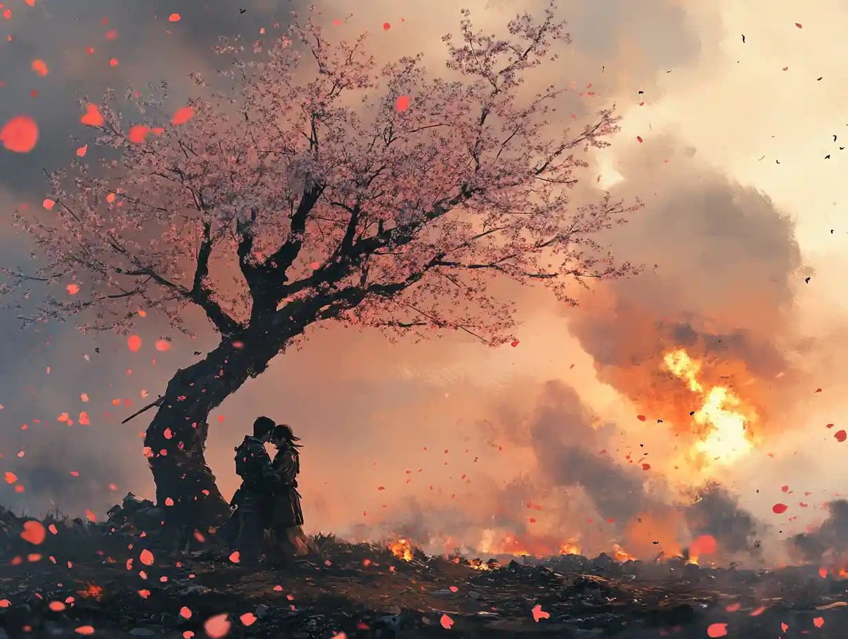 Lovers Under A Cherry Blossom Tree On Quiet Battlefield Dawn